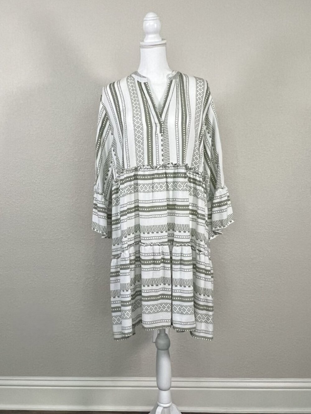 Salty Lemon XL Tunic Dress Sage & White Striped 3/4 Sleeve Ruffles Boho Western